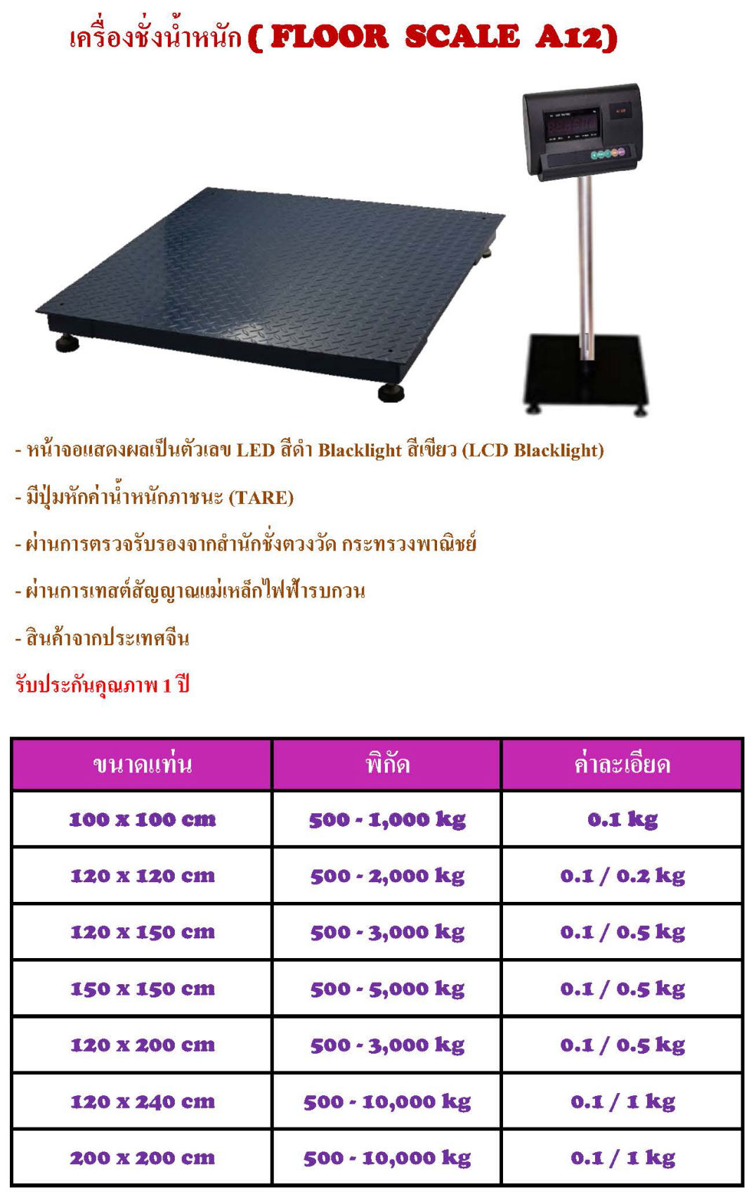 ยี่ห้อ A12 เครื่องชั่งแบบวางพื้น FLOOR SCALE